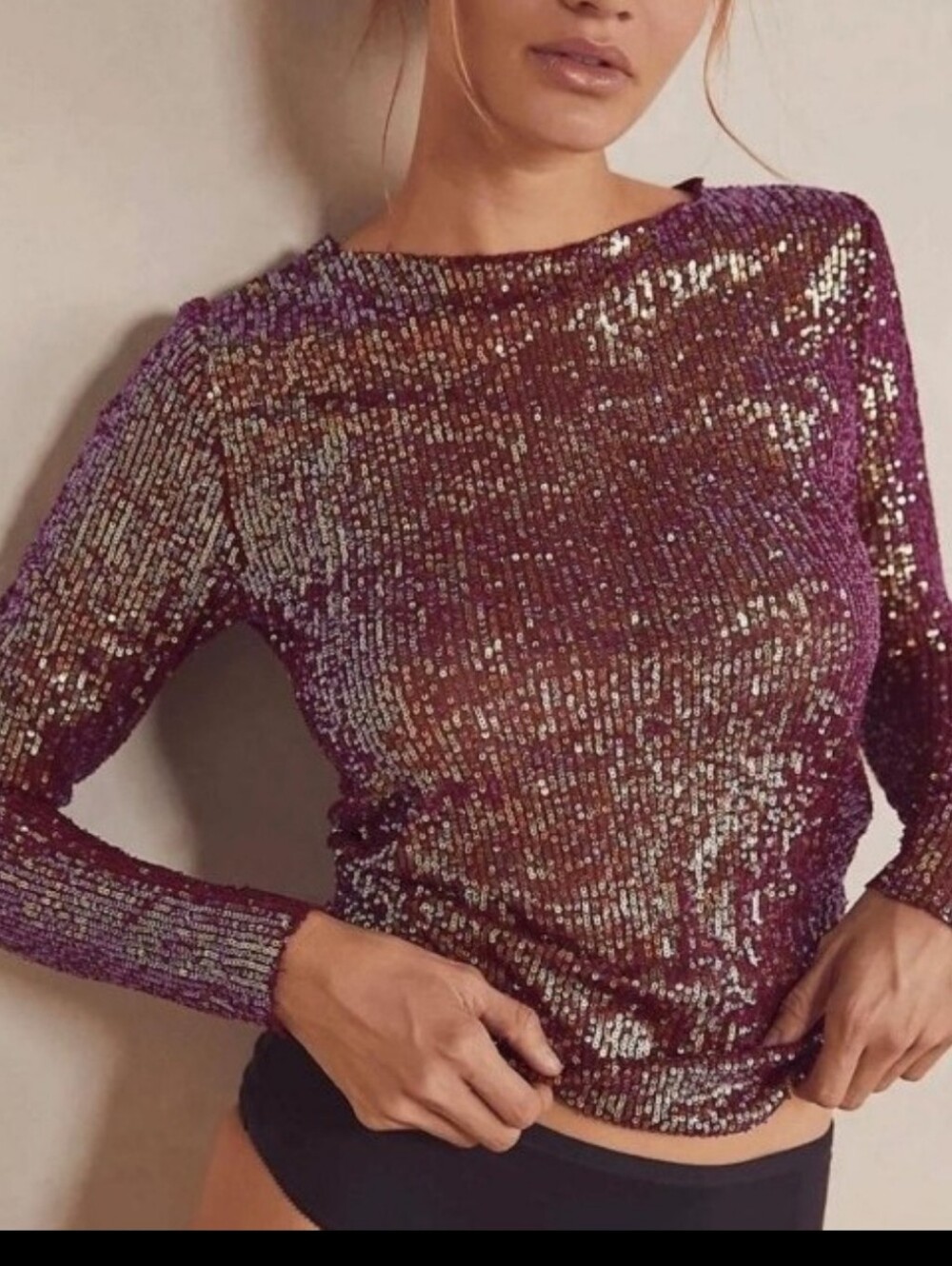 Free People Gold Rush Sequin Long-Sleeve Wine & Gold Top Small